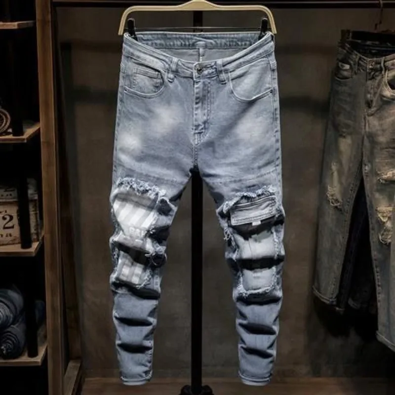 Spodnie Obcisłe Rurki Elastyczne Męskie Kowbojskie Spodnie Zgrywanie Skinny Jeans dla Mężczyzn Slim Fit z Dziurami Rozciągliwe Zepsute Podarte Motocyklowe Xs