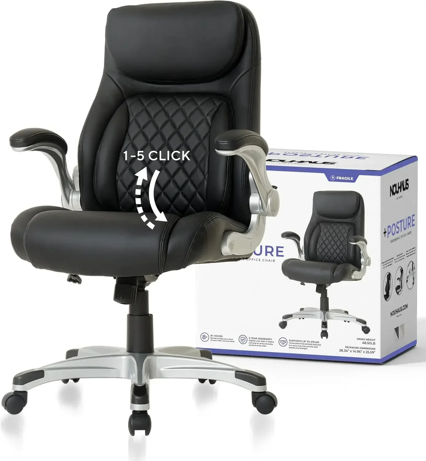 

Posture Ergonomic PU Leather Office Chair. Click5 Lumbar Support with FlipAdjust Armrests. Modern Executive Chair (Black)