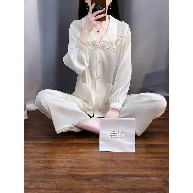 

New Hot French Style Pajamas Set Shiny Satin Women Home Spring Autumn Summer Apricot Color Royal Court Style Thin Cute Sleepwear