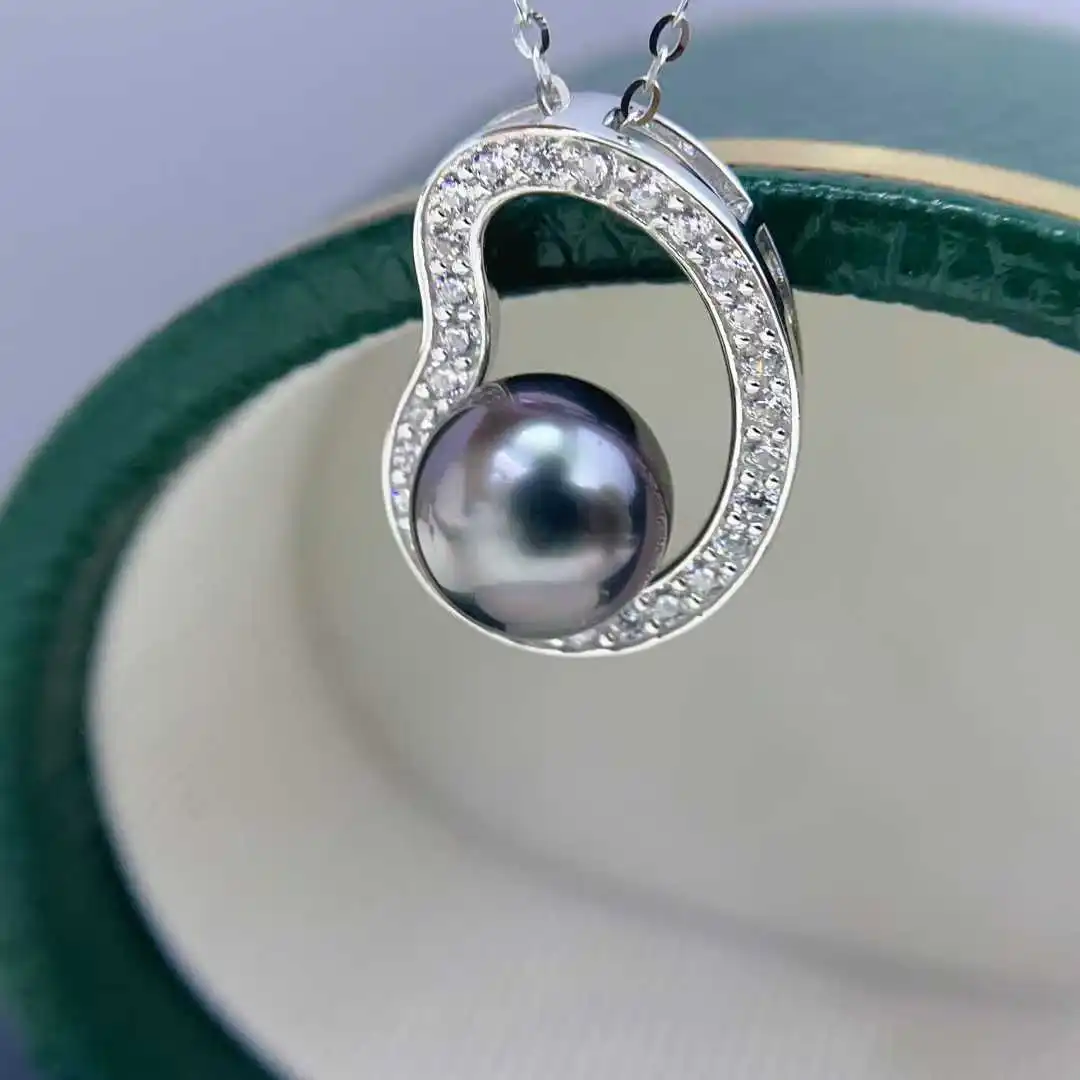 شهادة فاخرة 925 Siler مياه البحر تاهيتي اللؤلؤ محظوظ فول قلادة أورورا بريق المياه المالحة اللؤلؤ الأسود مصمم المجوهرات