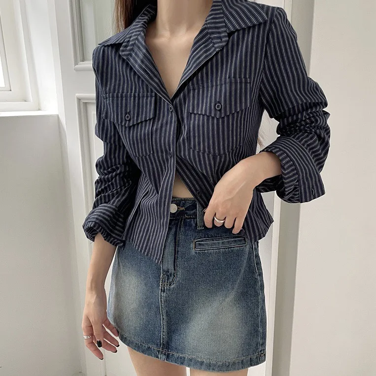 Korean Style Slim Fit Striped Long Sleeve Shirt Commute Classy Women's Fashion Autumn Collection Chinese Origin 18-24 Years Old