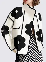 Women Spring Autumn Jackets Fashion Black Flower Print High-Neck Long Sleeves Buttoned Casual Outerwear Coats