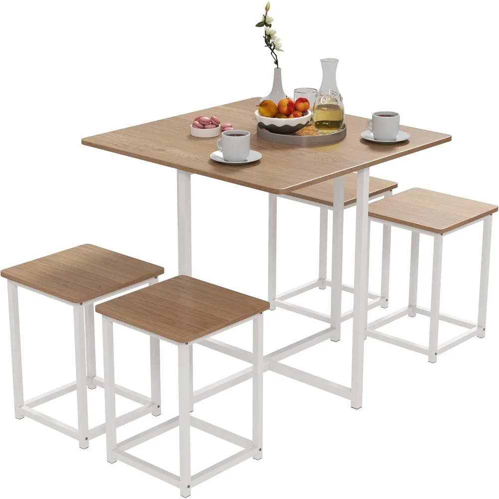

Dining Table Set for 4, Square Kitchen Table w/ 4 Stools, 5 Piece Dinner Table Set w/Metal Frame, Dining Set for Small Spaces, C