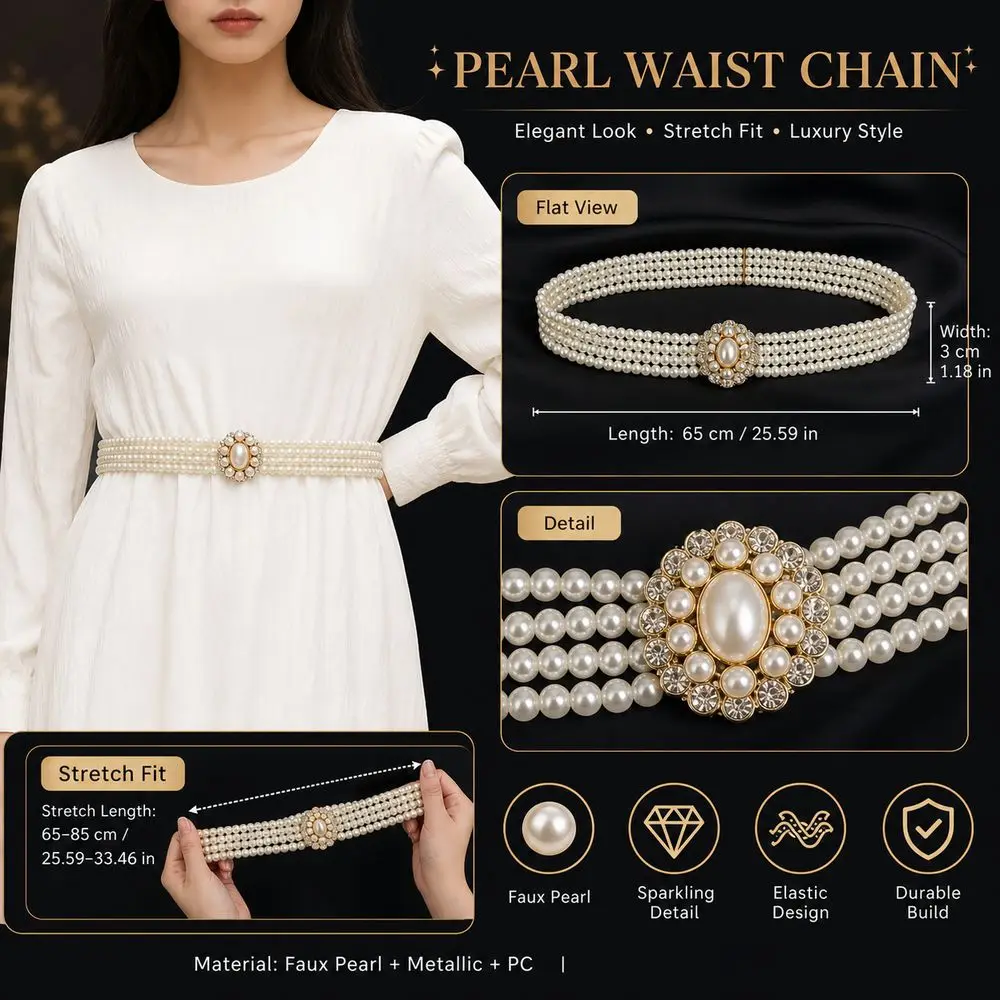 New White Imitation Pearl Faux Pearl Belt Polyester Metal Elastic Belt Elastic All-match Beaded Belt Party Accessories