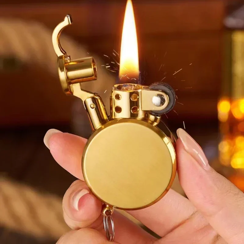 New Retro Round Kerosene Lighter Creative Metal Windproof Flame Lighter Gold and Silver Oil Lighter Smoking Accessories Tool