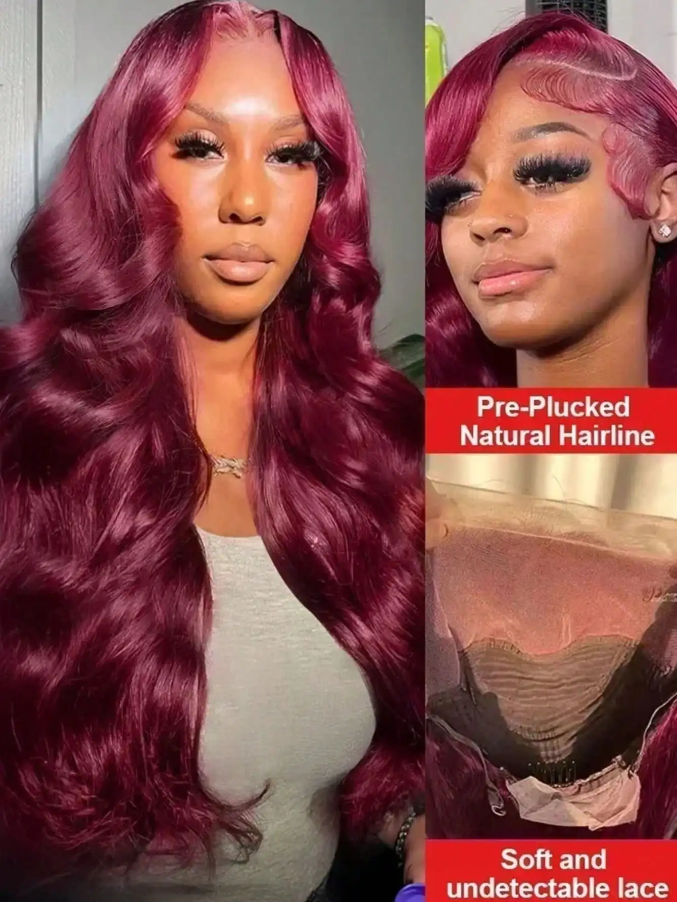 Pelucas de cabello humano Frontal de encaje 200% 99j Borgoña 13x4 prearrancadas con pelo de bebé pelucas onduladas de cuerpo de color rojo vino de encaje transparente