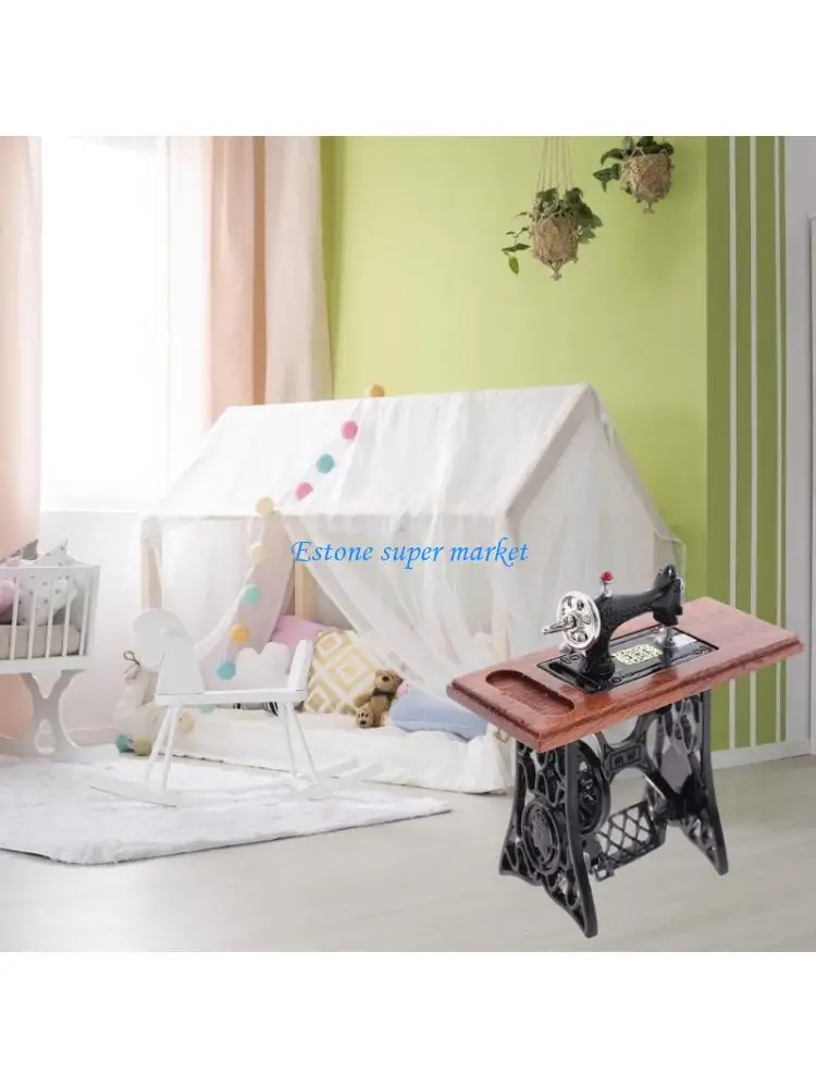 

090B Simulation Miniature Sewing Machine with Scissors for Dollhouses Scene Decoration