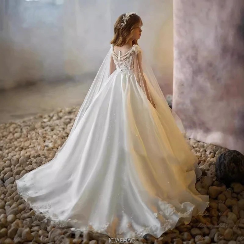 

White Girls Wedding Flower Girl Dress Kids Sleeveless Ball Gown Long Train Party Pageant Piano Recital Birthday Performance Kid
