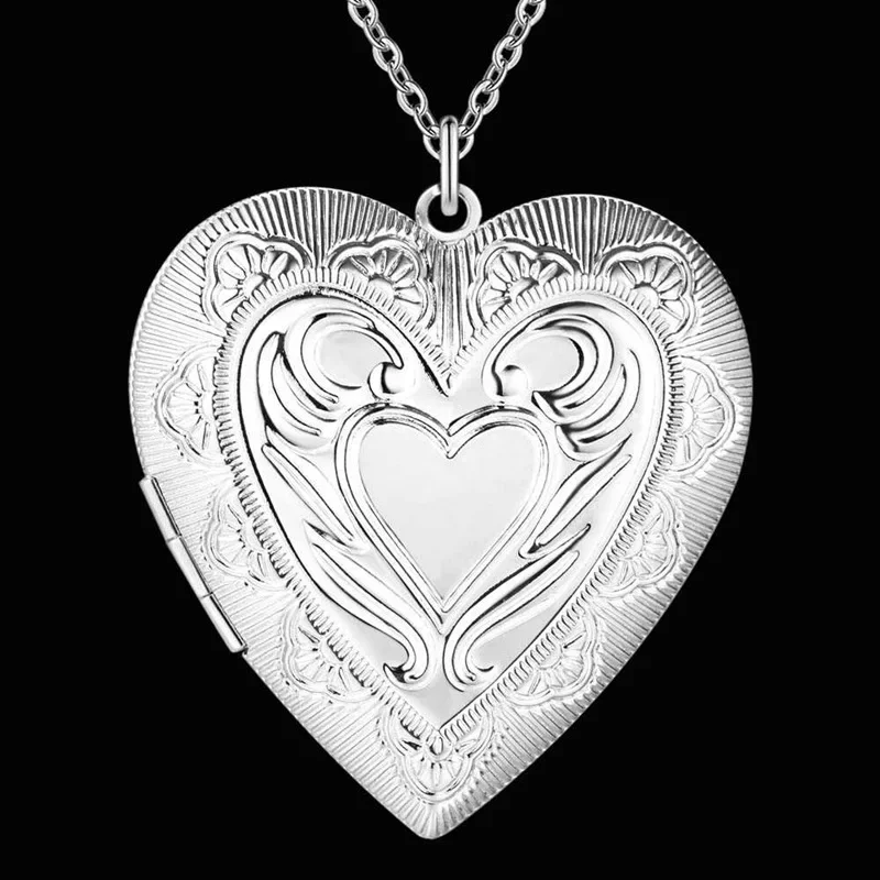 Fine charms 925 sterling Silver romantic Heart photo frame Pendant Necklace for women fashion party wedding Jewelry Pretty Gifts