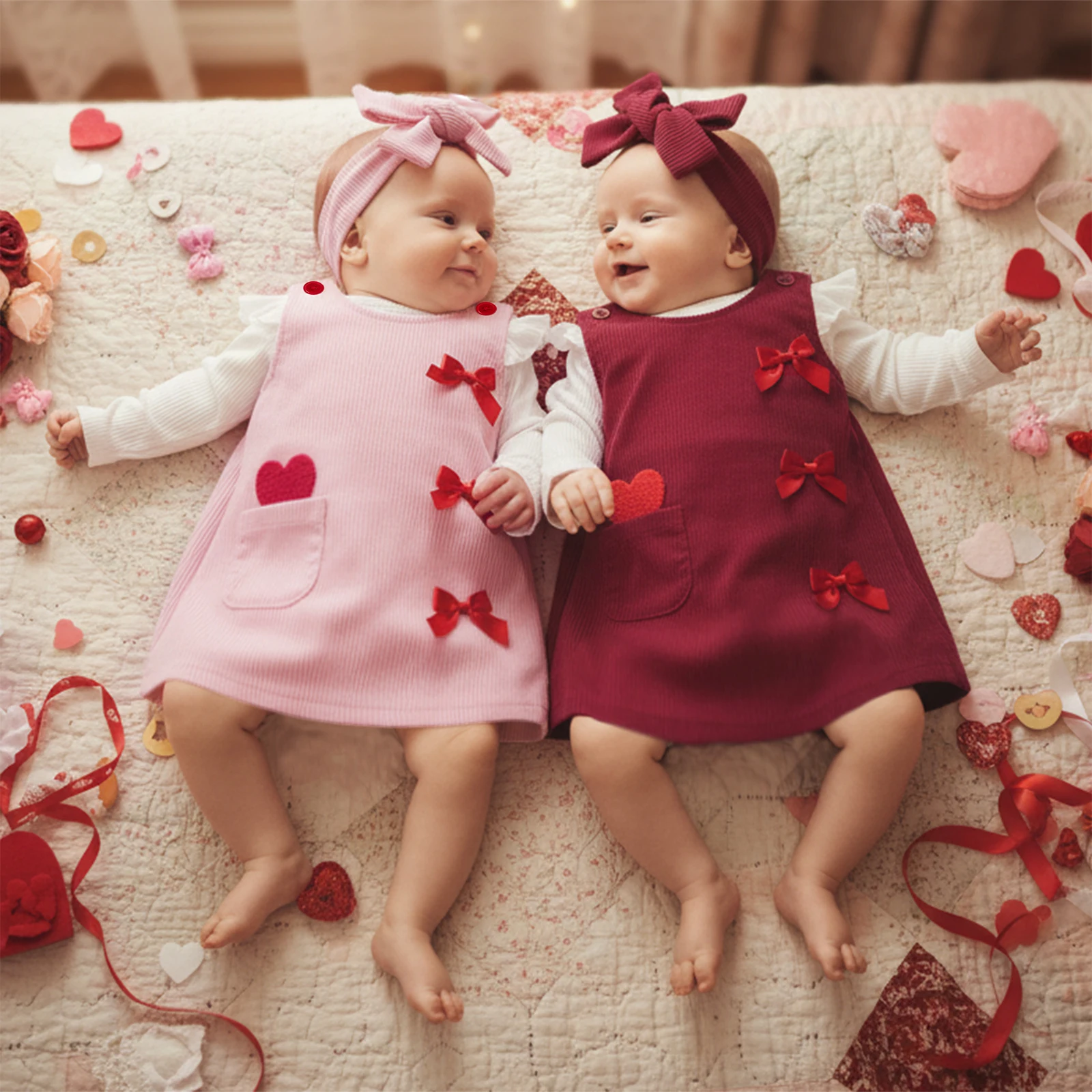Toddler Baby Girl Valentine’s Day 3Pcs Outfits Ruffled Long Sleeve Solid Color Ribbed Romper + Overall Dress + Headband Set