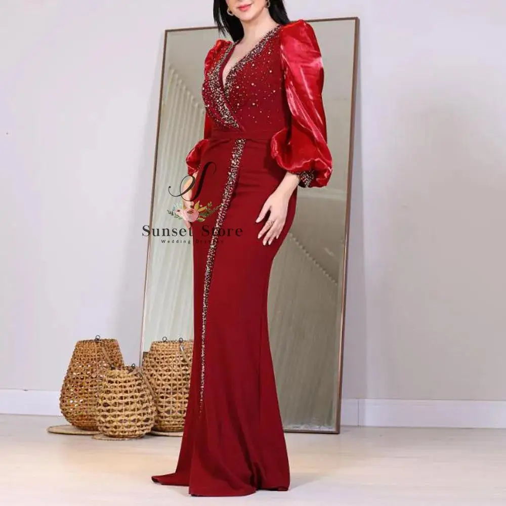 여성용 맞춤형 레드 이브닝 드레스, V넥 랜턴 소매 이브닝 가운, 스플릿 비즈 새틴 정장 웨딩 게스트 파티 드레스