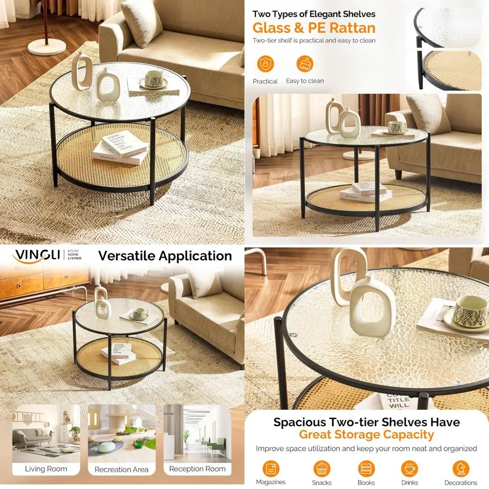 

Modern Two-Tier Glass Coffee Table with Rattan Shelf for Home Decor, 30-Inch Round Storage Coffee Table