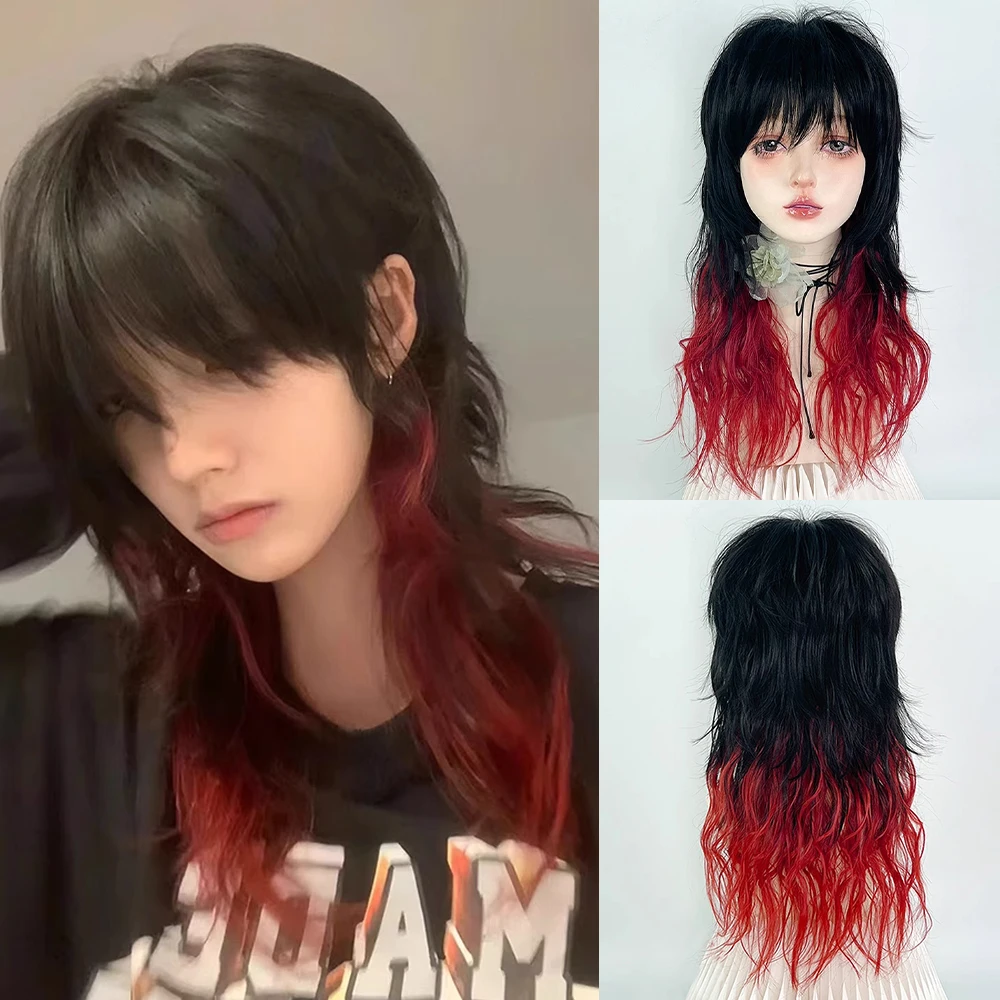 

Mullet Head Ombre Black Red Synthetic Long Wavy Wig with Bangs Women Lolita Cosplay Fluffy Hair Wig for Daily Party