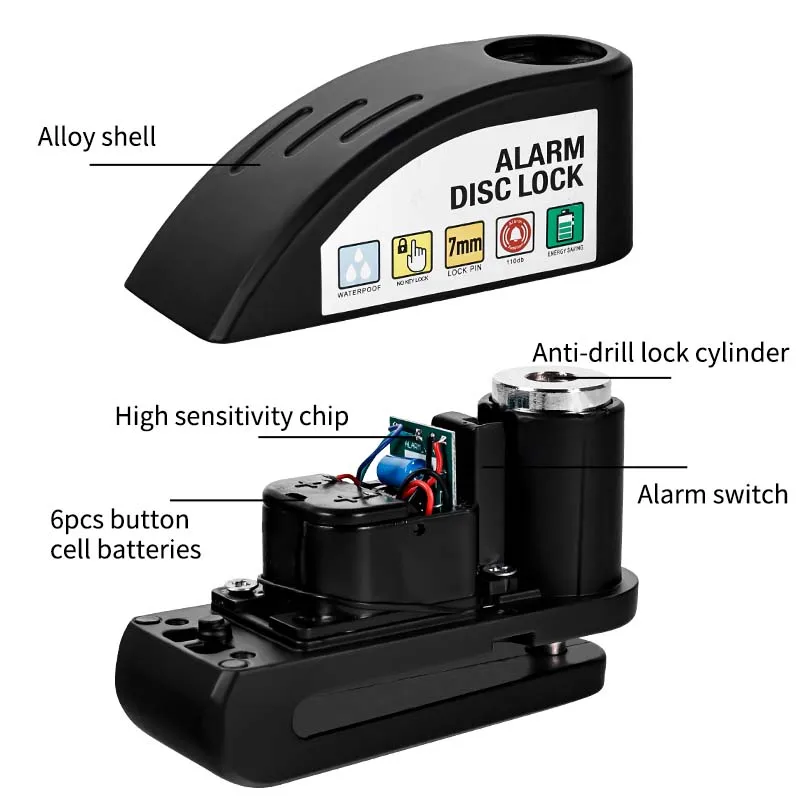 Bloqueio de freio a disco de motocicleta à prova dwaterproof água com alarme anti-roubo de alta resistência liga de zinco bloqueio de disco de bicicleta universal scooter bloqueio