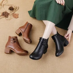 Top Layer Cowhide Autumn Winter Low Heeled Women's Boots Casual Genuine Leather Boots Warm And Comfortable Cotton Shoes For Wome