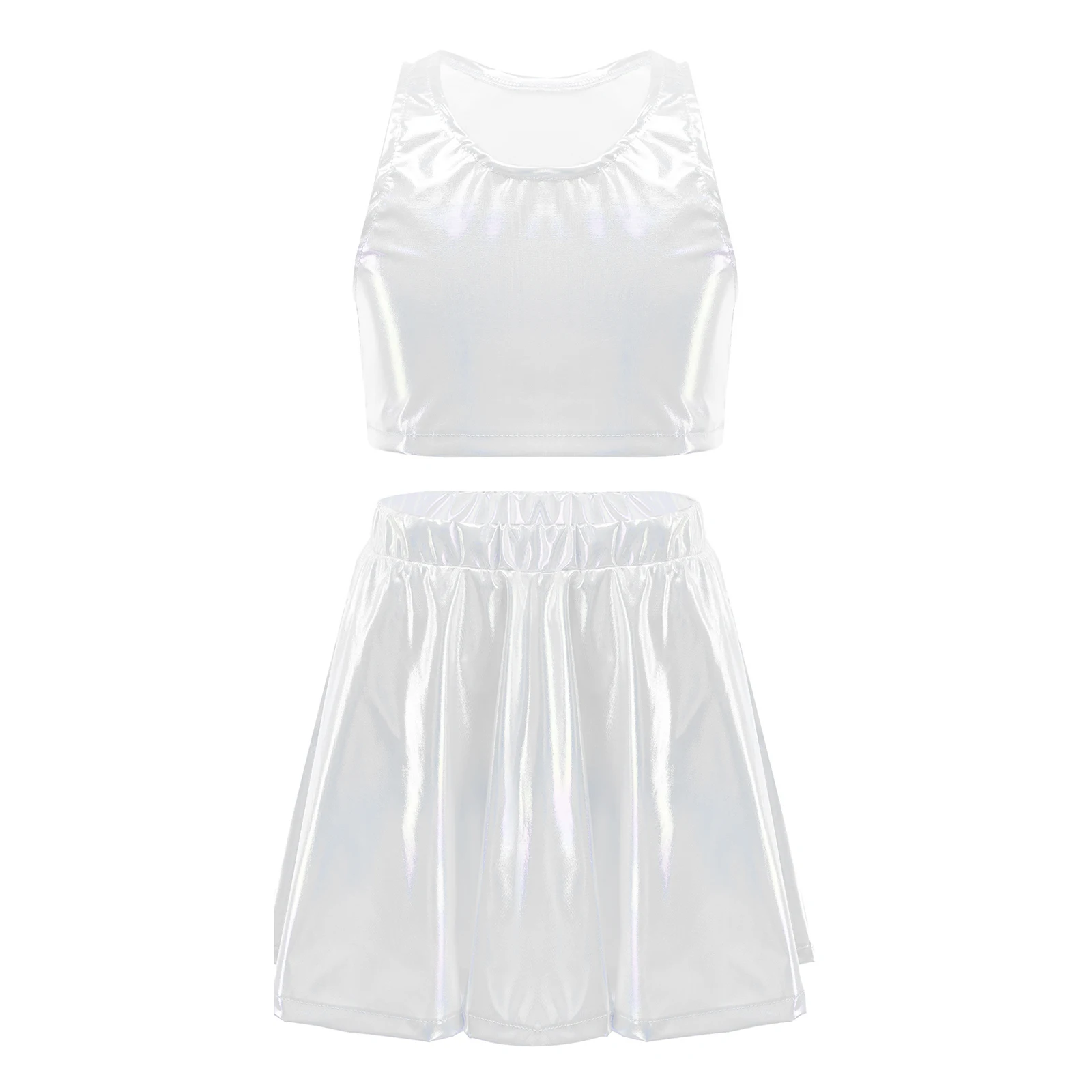 Children Hip Hop Clothes Sets Cheerleading Uniforms Kids Girls Metallic Jazz Cheer Dance Outfit Sleeveless Crop Top with Skirt