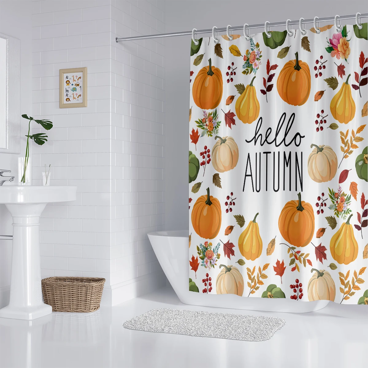 1 piece 180x180cm Hello Autumn Pumpkin Pattern Printed Shower Curtain Partition Bathroom Waterproof and Mold proof