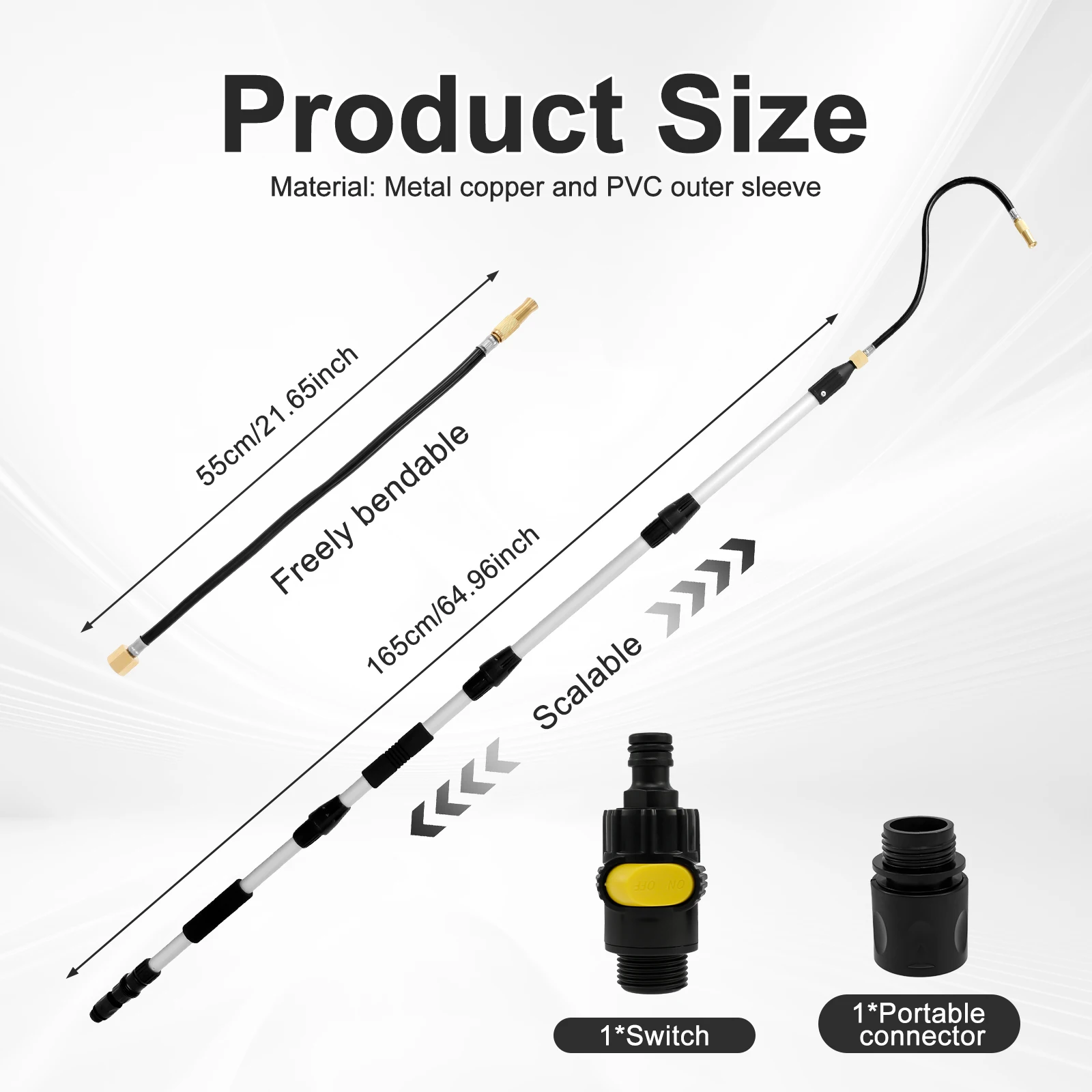 86 Inch Gutter Cleaning Tool Flexible Extension Wand For Power Washer 4 Section Aluminum Pole Brass Nozzle Spray Gun 3/4 Inch