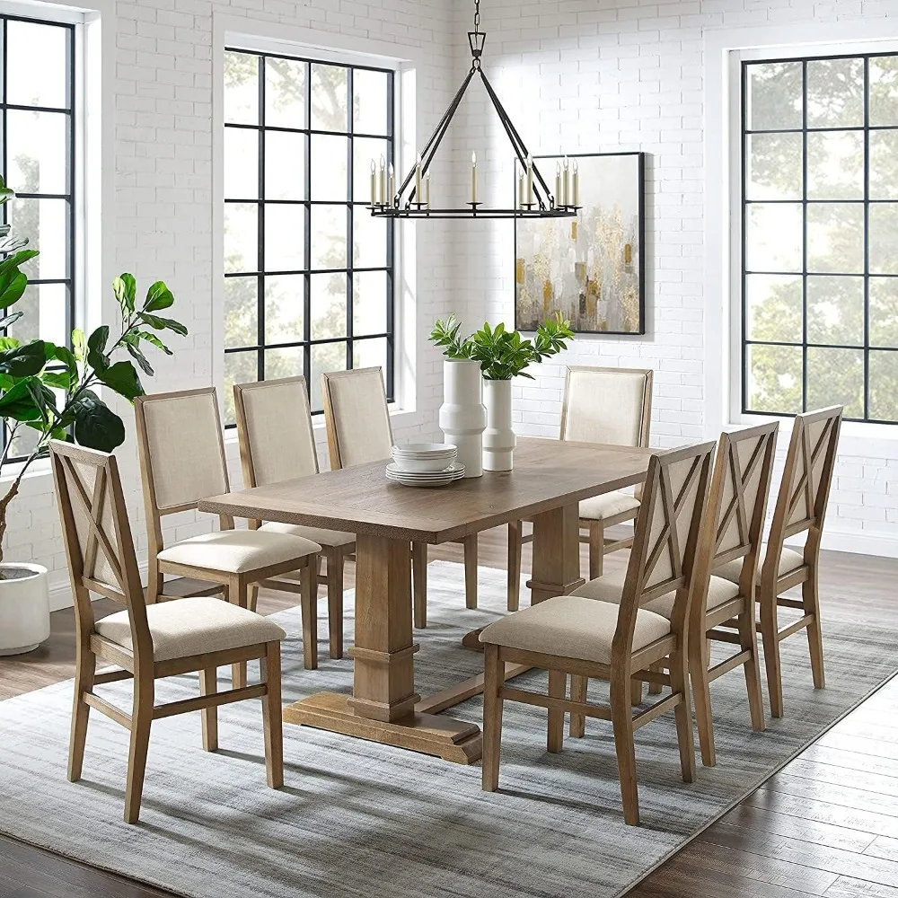 

9-Piece Modern Farmhouse Dining Table Set for 8 with Upholstered Chairs, Rustic Brown/Creme