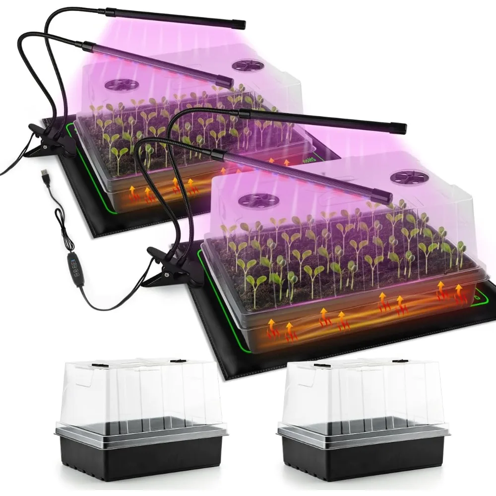 

4-Pack Seed Starter Kit with Adjustable Grow Lights & 2 Heat Mats – 5'' Humidity Domes for Indoor Plants, Vegetables