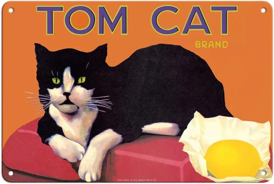 Pacifica Island Art Tom Cat Brand Lemons - Orosi California - Vintage Fruit Crate Label c.1920s - 8 x 12 inch Vintage Metal Tin