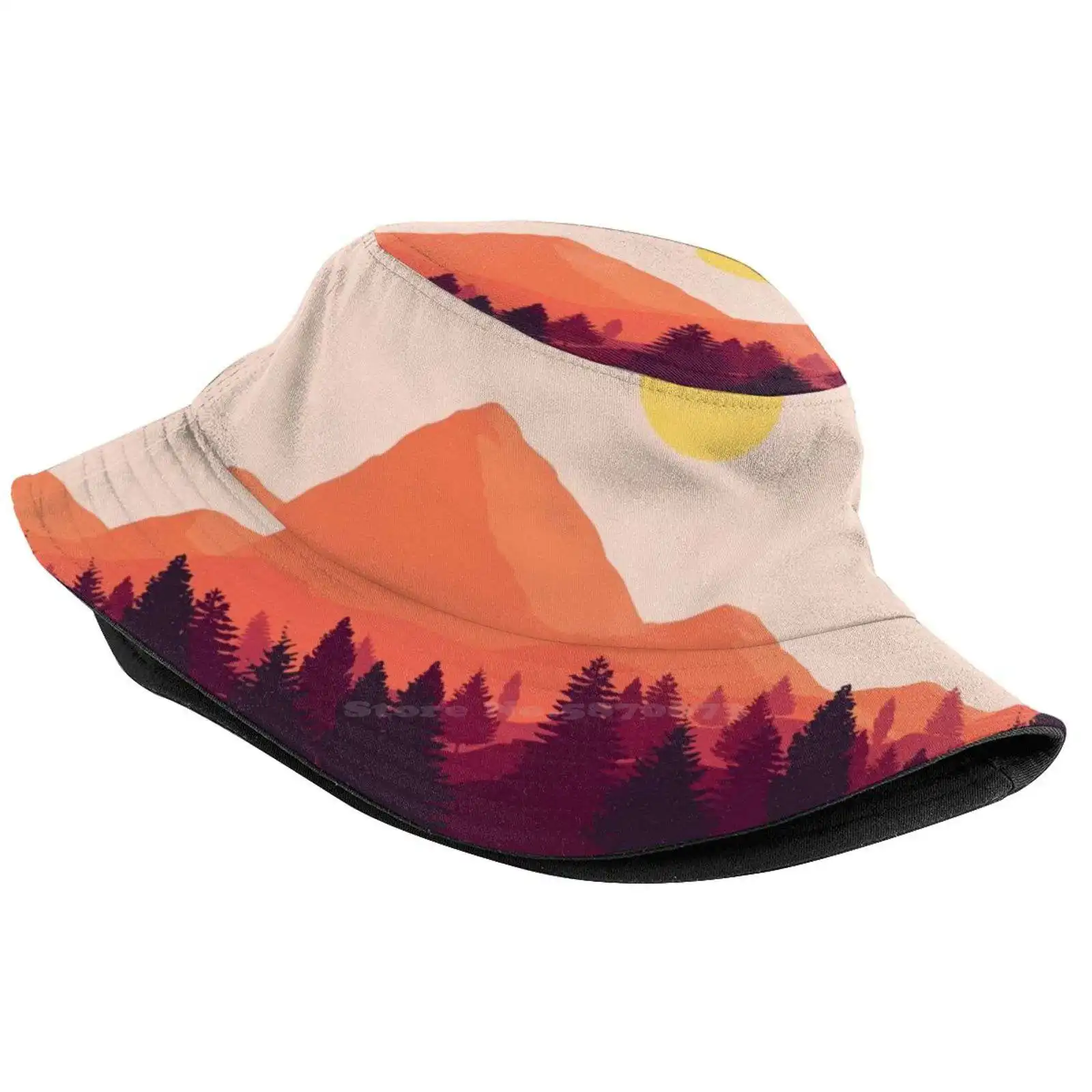 Forest Mountain Horizon Unisex Fashion Women Men Breathable Bucket Hats Mountains Sunset Firewatch Hipster Calm Orange Awe Warm