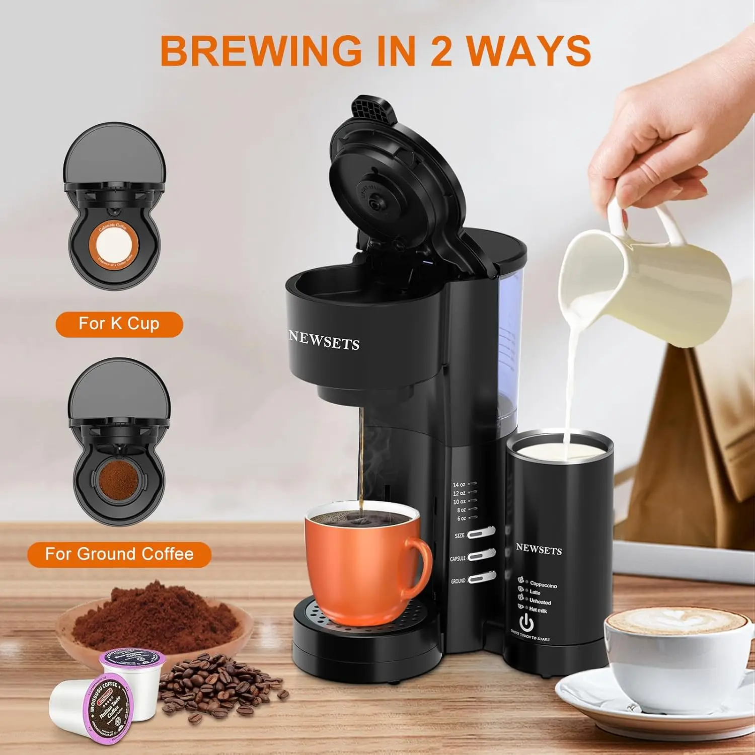 Caffettiera monodose 3 in 1 per tazza K e caffè macinato, caffettiera compatta con montalatte, dimensioni di preparazione 6-14 once, rimozione 28 once