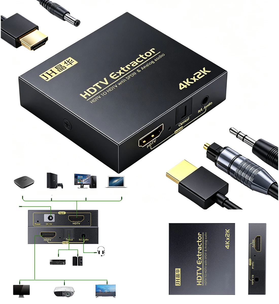 4K X 2K Video Audio Extractor HDMI-Compatible to 3.5MM Audio Converter SPDIF Optical TOSLINK Stereo Out Splitter Adapter