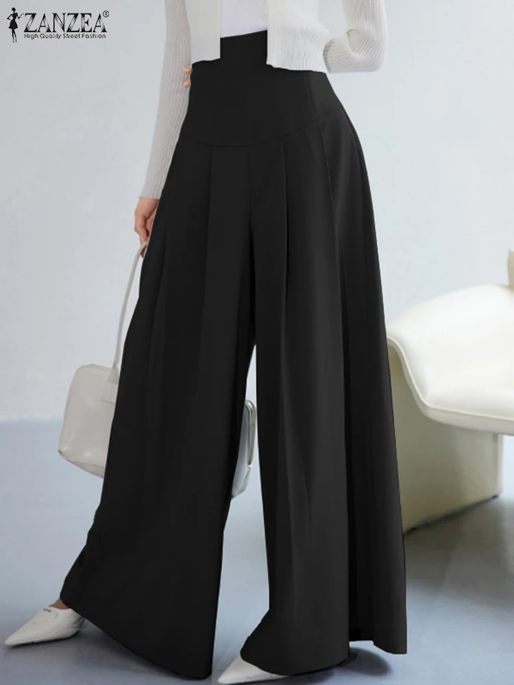 

Casual Loose High Waist Pants ZANZEA Elegant Women Fashion Wide Leg Pants Long Trousers 2023 Autumn Solid Pleating Thin Pantalon