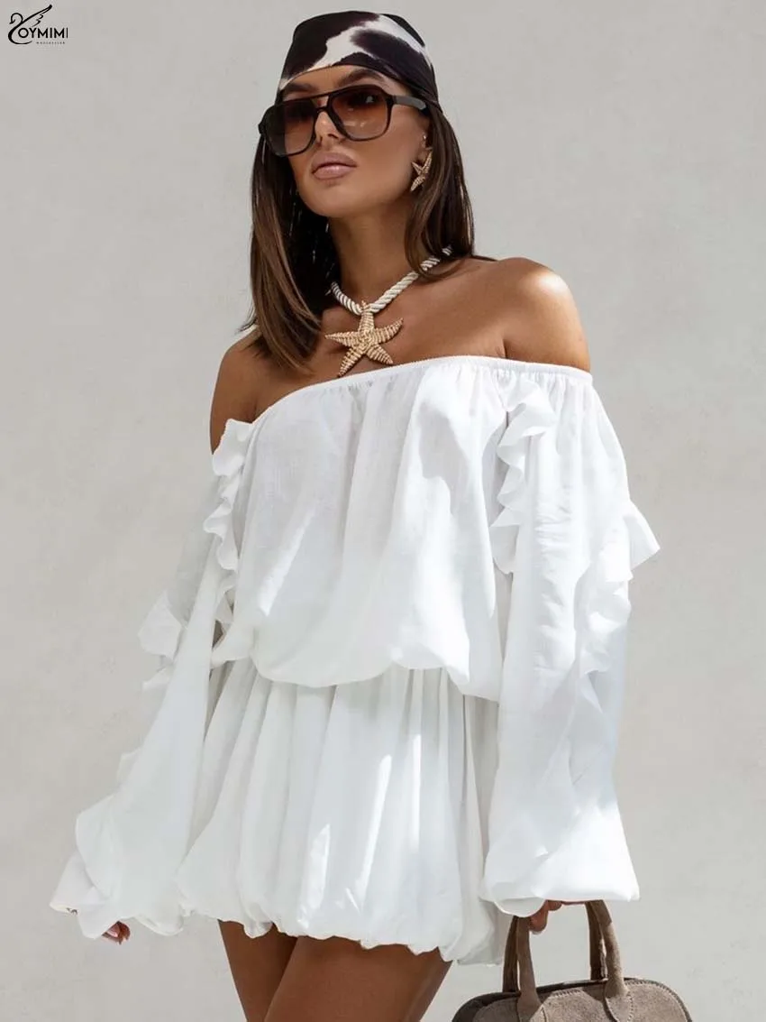 طقم مكون من قطعتين من القطن الوردي على الموضة من Oymimi للسيدات أنيق بدون حمالات وأكمام طويلة مكشكشة ومجموعة تنانير صغيرة بطيات عالية الخصر #4