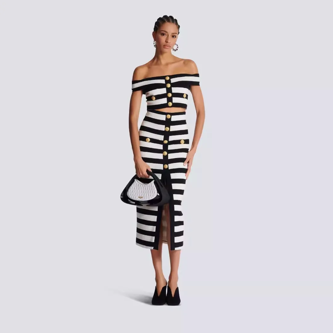 Fashionabl Off Shoulder Black White Striped Bodycon Bandage 2 Pieces Set Sleeveless Crop Top + High Waist Skirt Office Lady Wear