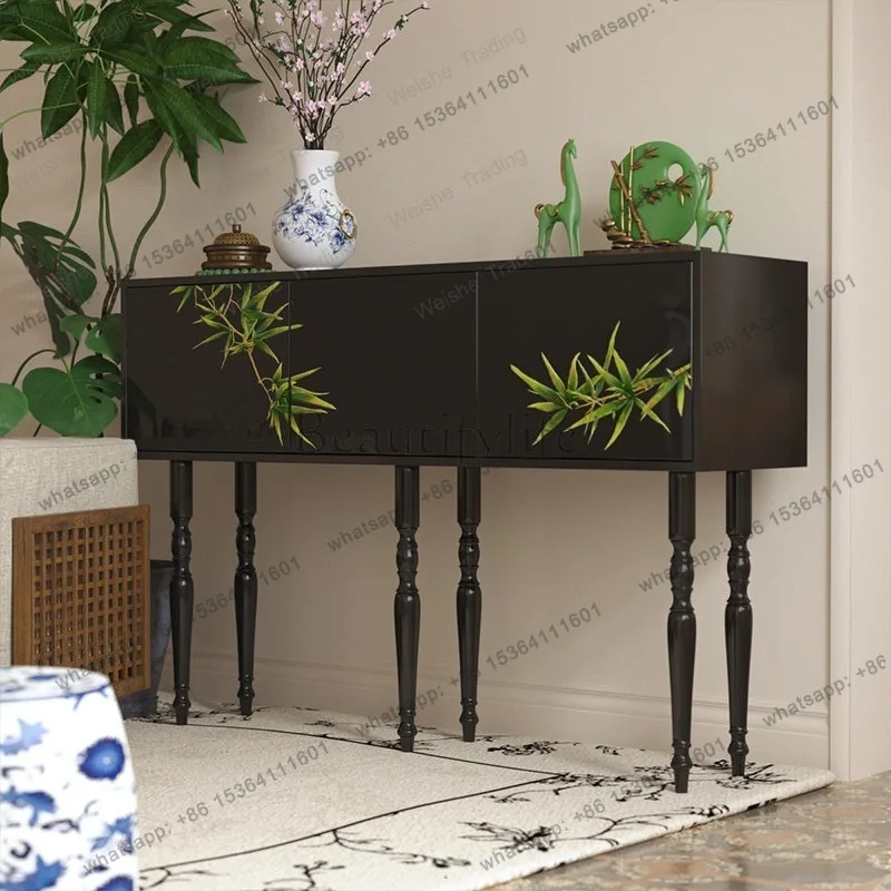 Chinese hand-painted lacquer porch cabinet, storage against the wall, black decorative locker