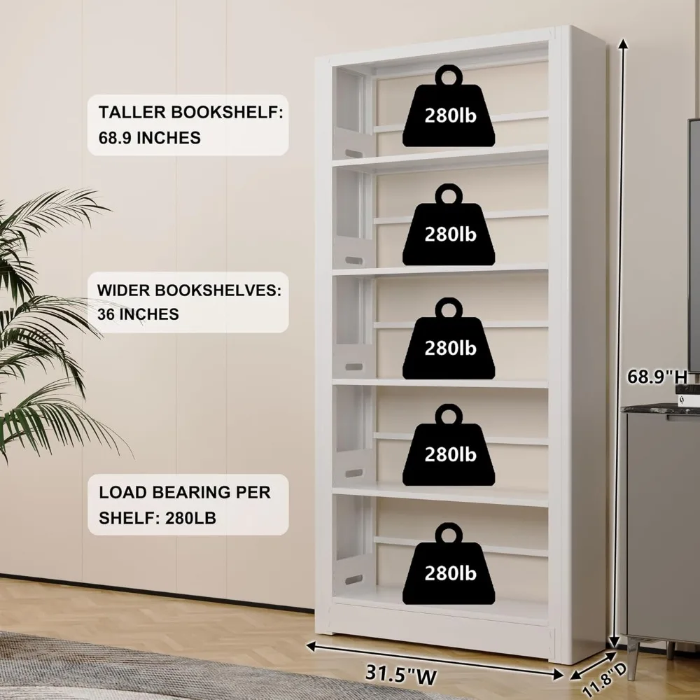 رف كتب طويل من المعدن الأبيض مكون من 5 طبقات لتخزين المكاتب - منظم قائم بذاته مع مساحة واسعة للرفوف