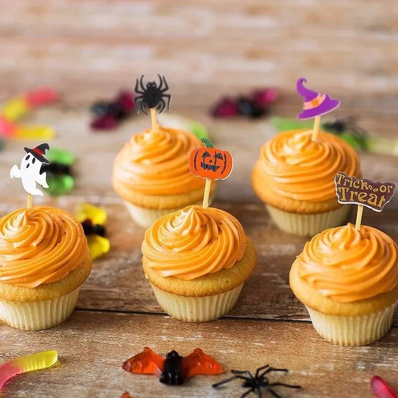 120Pcs Halloween Cocktail Picks Pumpkin Spider Ghost Bamboo Appetizer Toothpicks Dessert Sticks for Cake Food Party Decoration