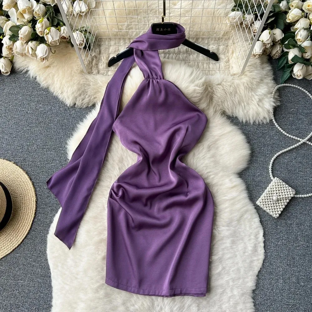 Chic Satin Ribbon Sleeveless Backless Slip Dress Slim High Waist Evening Party Women Halter Hip Wrap Mini Ceremonial Dress