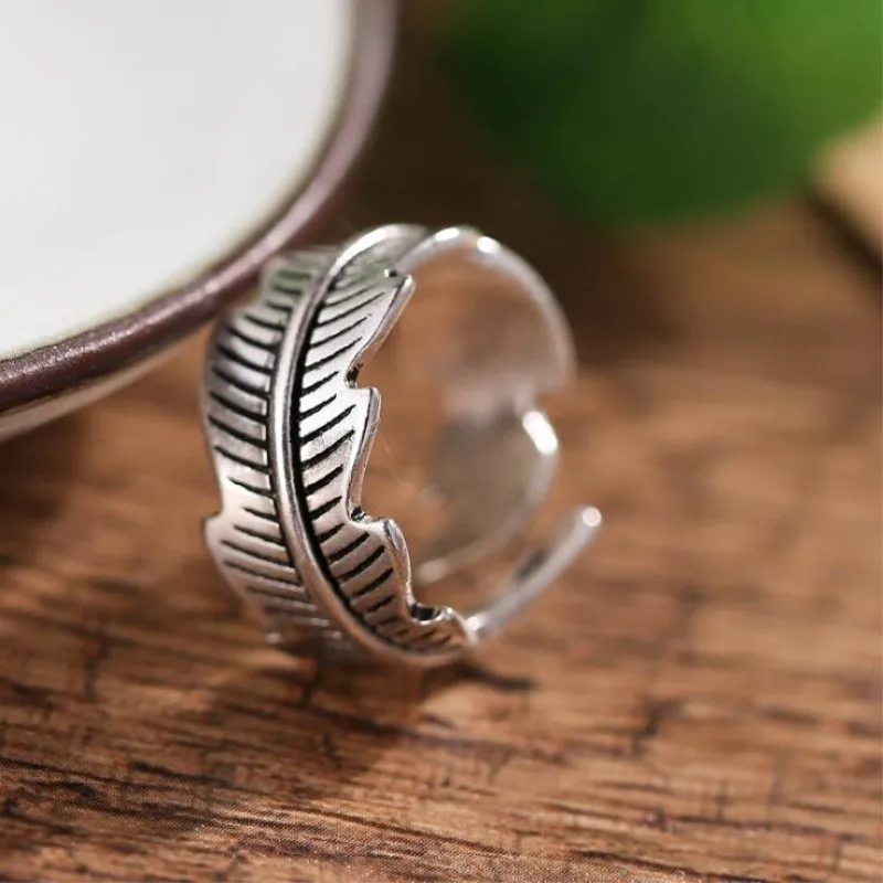 New Retro Jewelry Personality Fashion 925 Sterling Silver Atmosphere Vintage Feather Leaf Exquisite Opening Rings