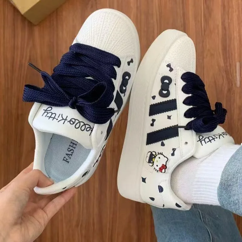 

Детская повседневная обувь, обувь для скейтбординга, весенняя обувь из искусственной кожи с бантом Hello Kitty для девочек, противоскользящая розовая, синяя обувь, размер 29-37