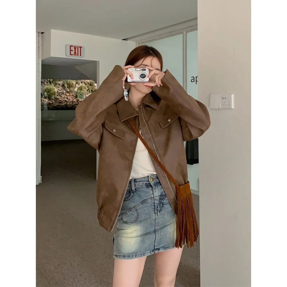 American Retro Brown Leather Jacket Women's 2026 Autumn New Small Size High-End Feel Pu Leather Motorcycle Jacket Women