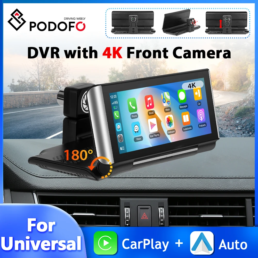 Podofo 6.86\'\' Android Car Monitor 4K Front Camera Carplay Android Auto Multimedia Player Airplay Mirror Cast 180° Fold Dashboard