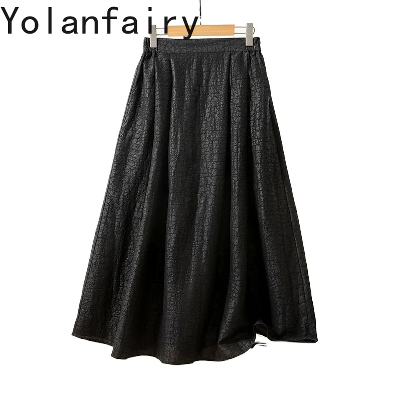 

YOLANFAIRY 2025 Heavyweight 100% Mulberry Silk Skirts Woman Summer Street Wear Gauze Silk Black Skirt Elastic Waist jupe longue