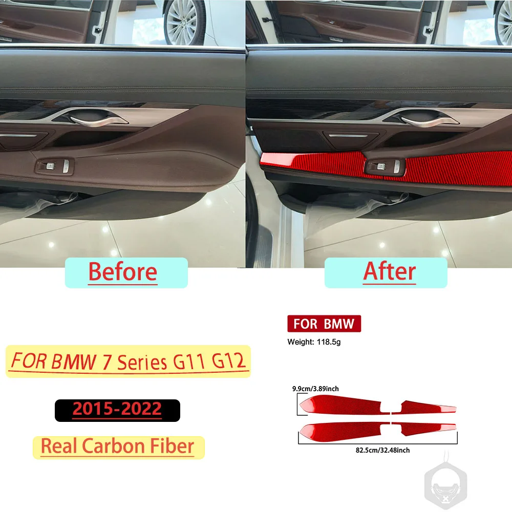 For BMW 7 Series G11 G12 2015–2022 Car Rear Door Interior Panel Trim Red Real Soft Carbon Fiber Interior Accessories Stickers