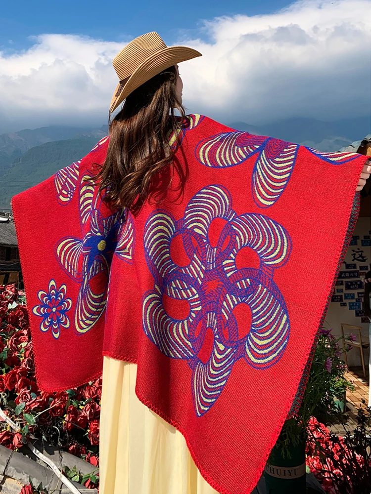 

Зимний женский многослойный шарф-пончо с цветочным принтом, элегантная накидка-шаль, пашмина, плед, накидка для путешествий, повседневный, новый