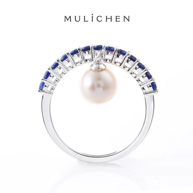 

MULICHEN Silver 925 6mm Fresh Water Pearl Rings Set Natural Blue Sapphire Luxury Trendy Fine Jewelry Rings for Wedding Party