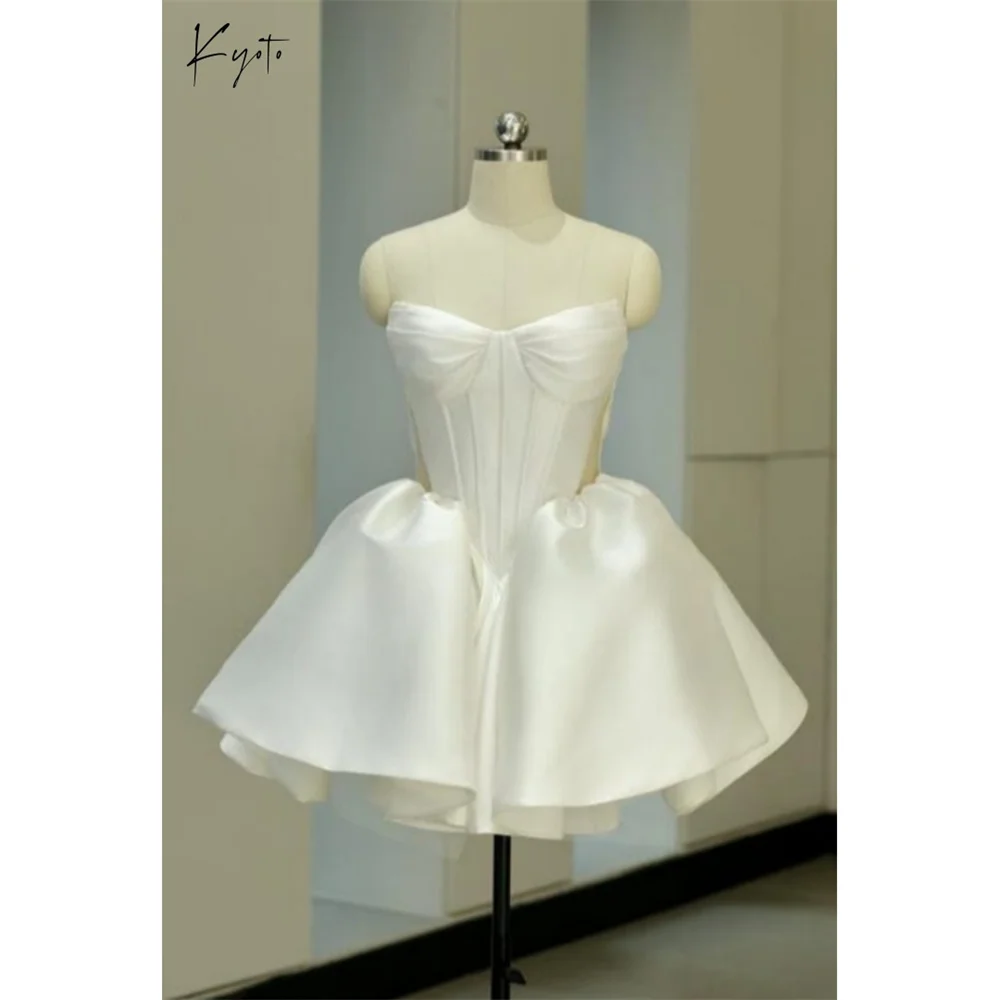 

Kyoto Customized White Strapless Wedding Dress Sleeveless Mini Zip Back vestidos de noiva Elegant Satin A-Line Evening Dress