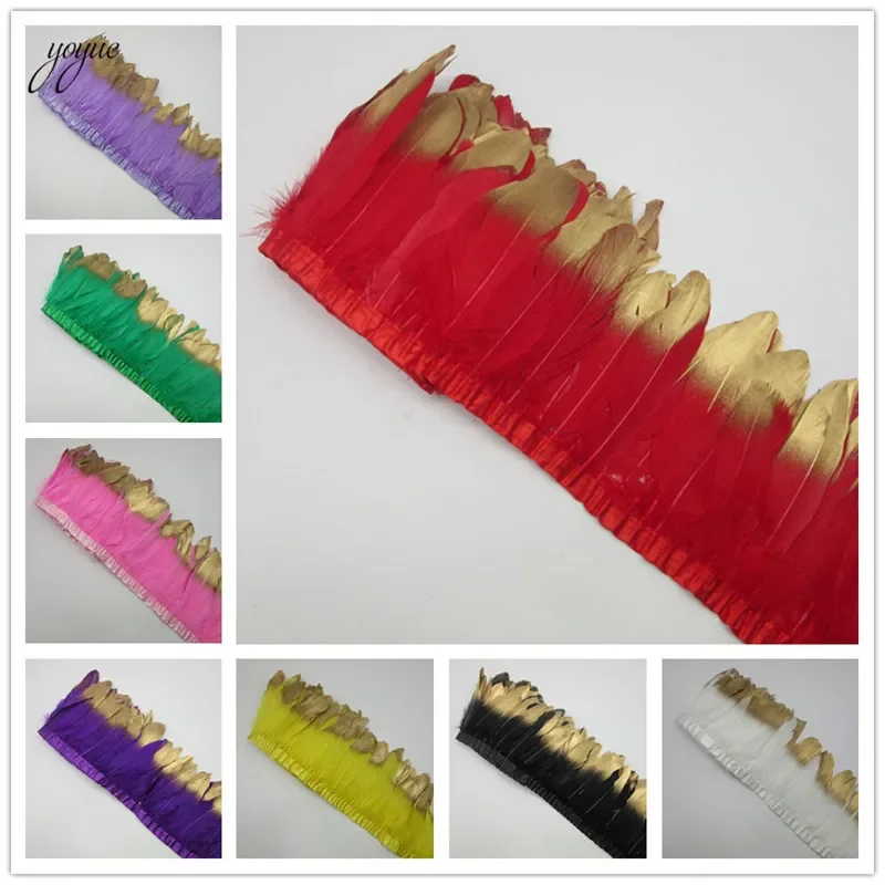 

YOYUE 10 ярдов, отделка из гусиных перьев, золотая высота 15-20 см, бахрома из утиных перьев для карнавала, украшения для свадебной вечеринки, ленты