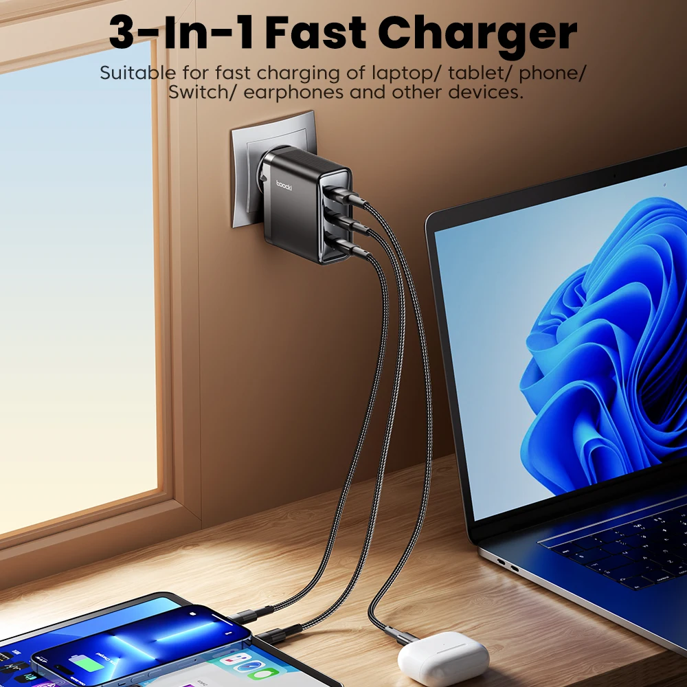 Toocki 100W GaN USB Charger Type C QC 4.0 Quick Charge Dual Type C Fast Phone Charger For iPhone 15 14 13 12 Pro Max Samsung S23