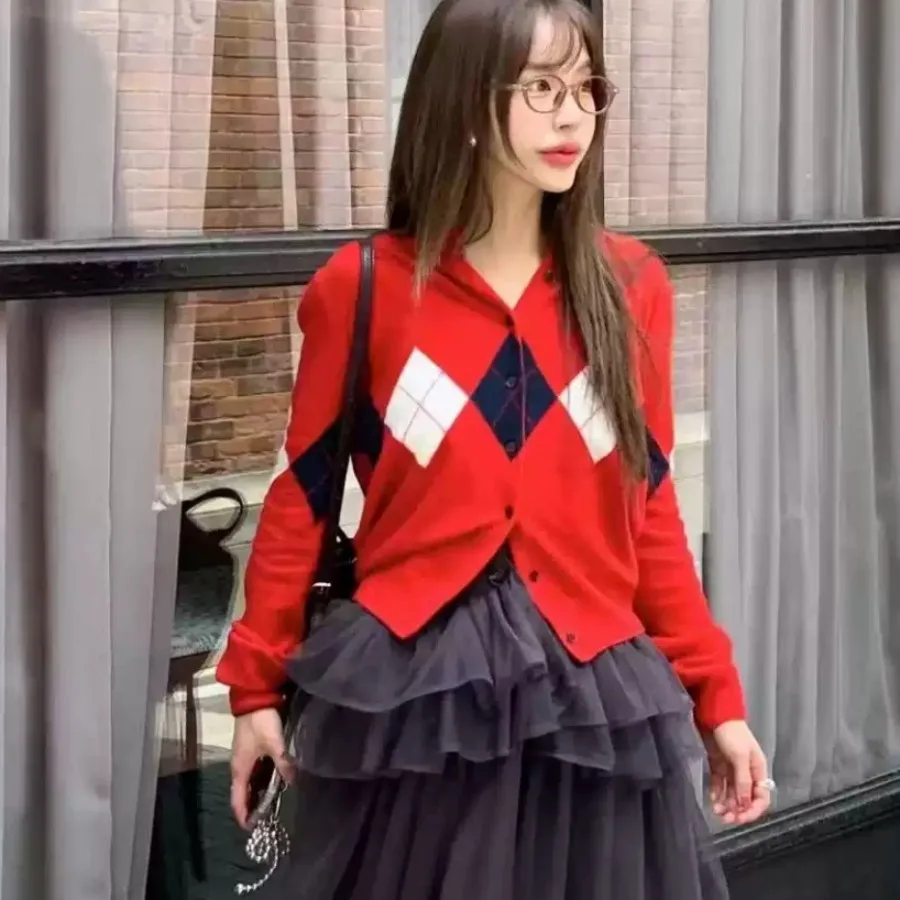 

Женский вязаный свитер в стиле ретро с ромбовидным узором, повседневный длинный открытый кардиган Sve, топ на осень-зиму