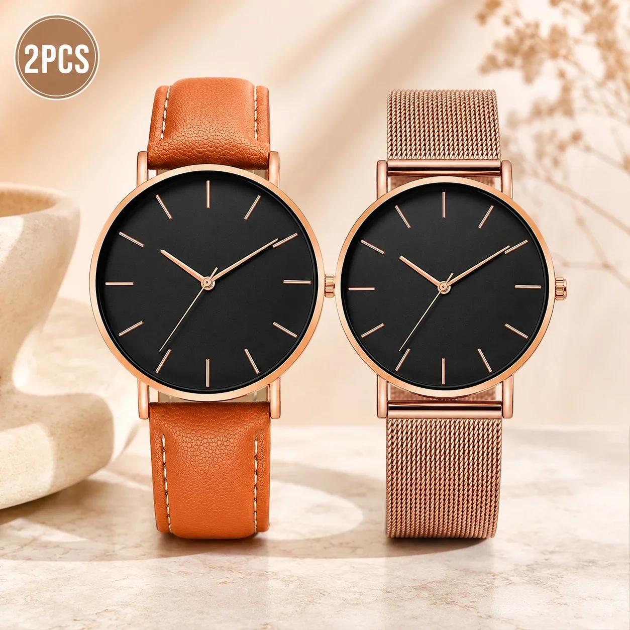 Luxury Simple Couple Watches Set 2Pcs Thin Round Dial Mesh Strap & Leather Band Quartz Wristwatches For Men Women Couple Gift