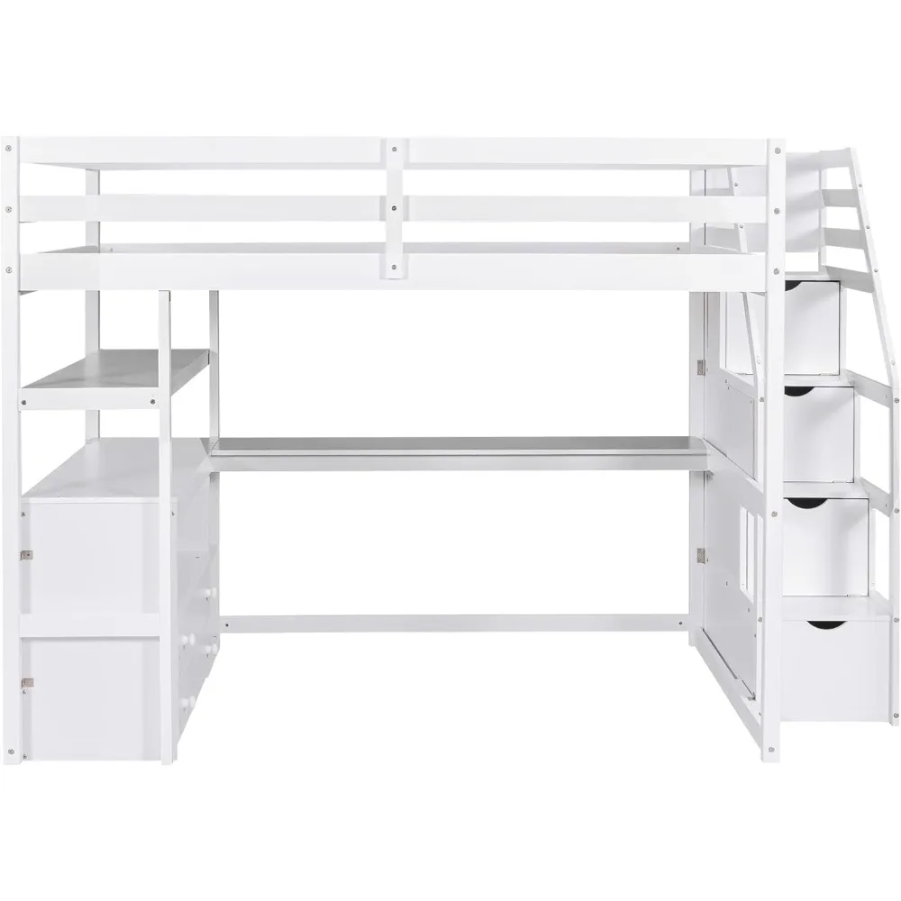 Stairway Bed with L Shape, Shelves, Two Tier Drawers and Storage, White Platform, Full Loft w/Desk and Staircase