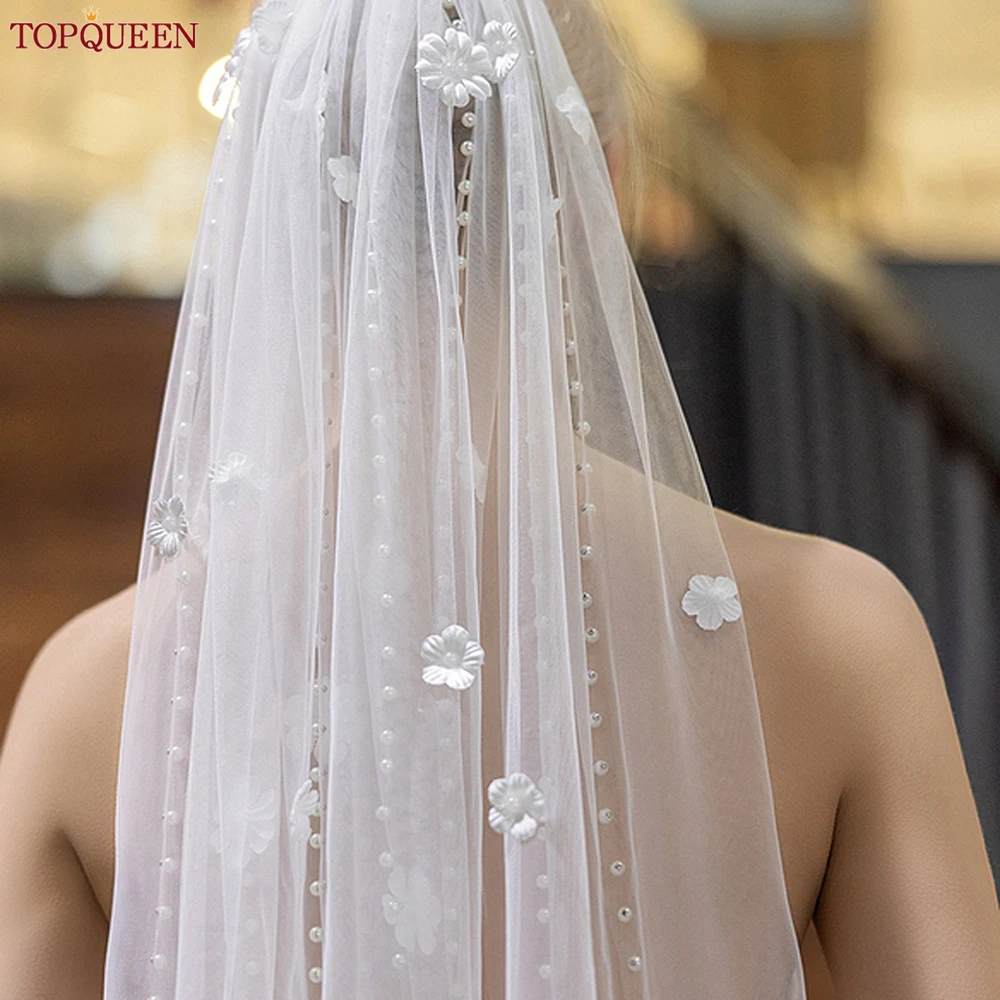 

TOPQUEEN Stunning Bridal Veil 1 Tier Lovely Wedding Veil Pearls Beaded 3D Flowers Soft Veils Wedding Bridal Accessories V193